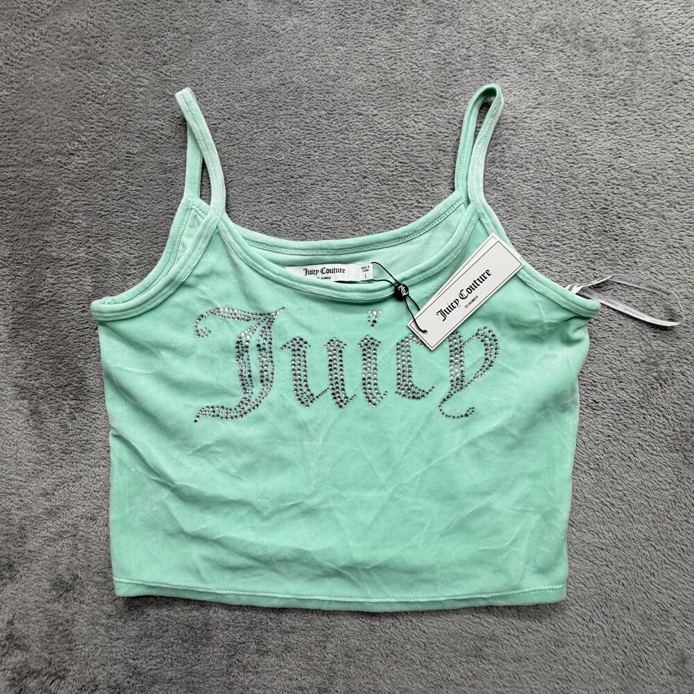 Juicy Couture Tank Womens L Green Rhinestone Strappy Camisole Cotton Lightweight